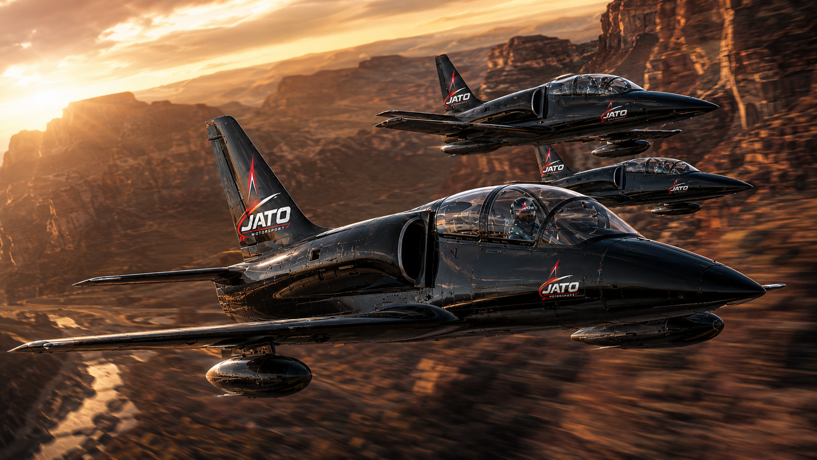 JATO Motorsports L-39 formation over canyon terrain