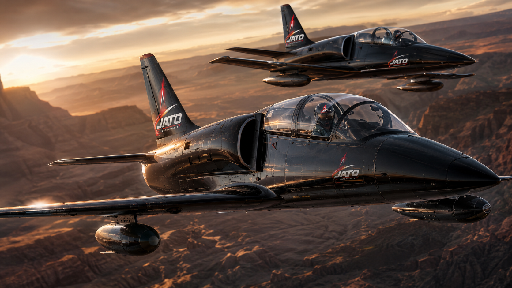 JATO Motorsports L-39 aircraft over a canyon at sunset